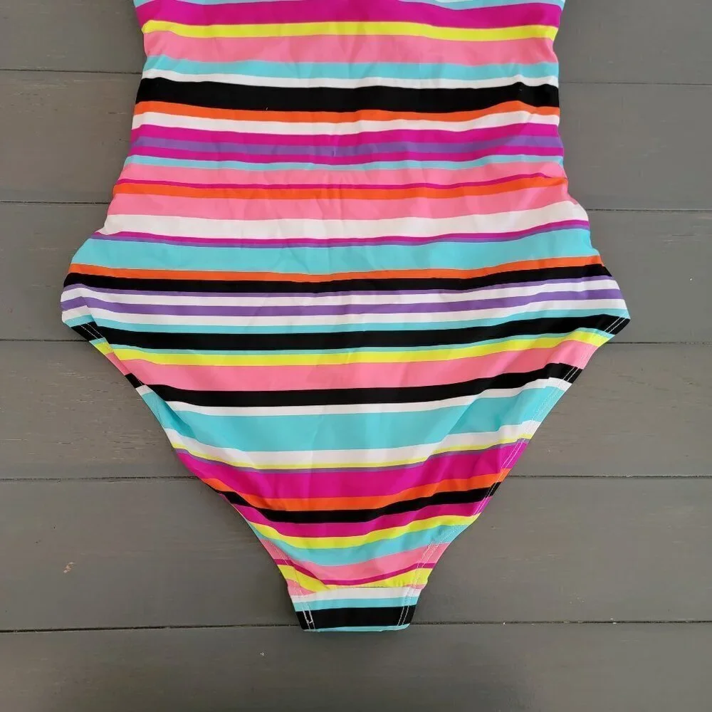 Anne Cole Women Strapless Striped Twist Front Shirred One Piece Swimsuit Size 10